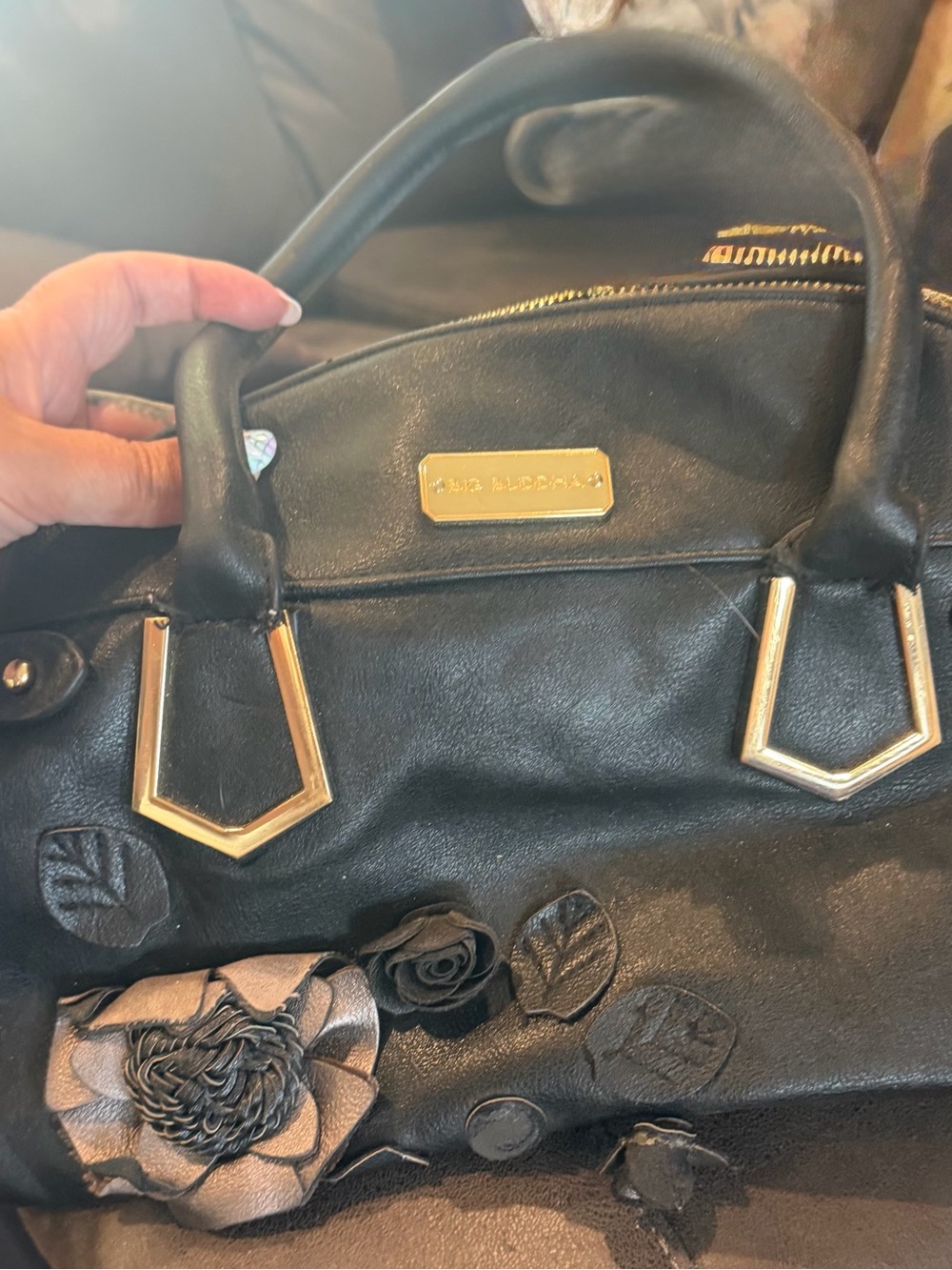 Big Buddha Black Satchel with Floral Appliqué and Gold Hardware